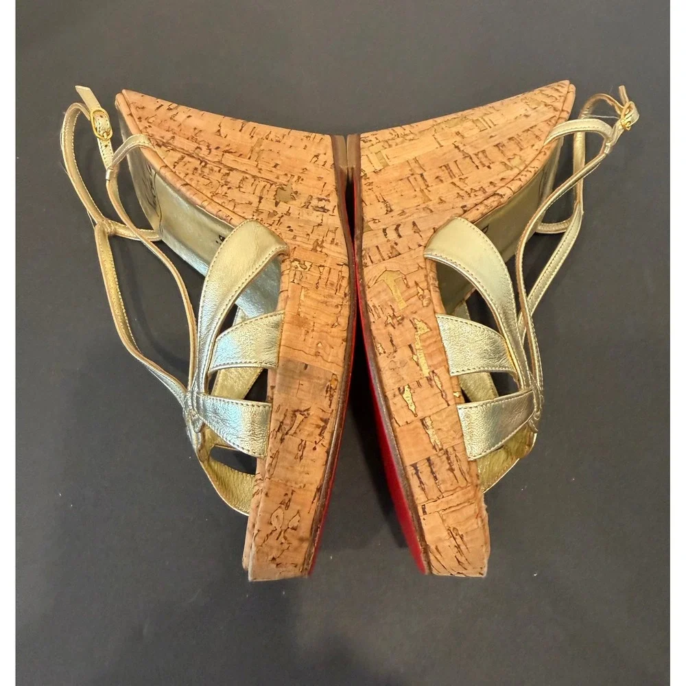 Christian Louboutin Lady Zeppa Gold Leather Strappy Cork Wedge Sandals US 7 EU37